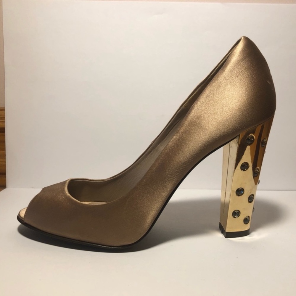 ❤️GOLD SATIN PEEP TOE RHINESTONE HEEL SHOES SZ 7 - LIKE NEW - MADE IN SPAIN